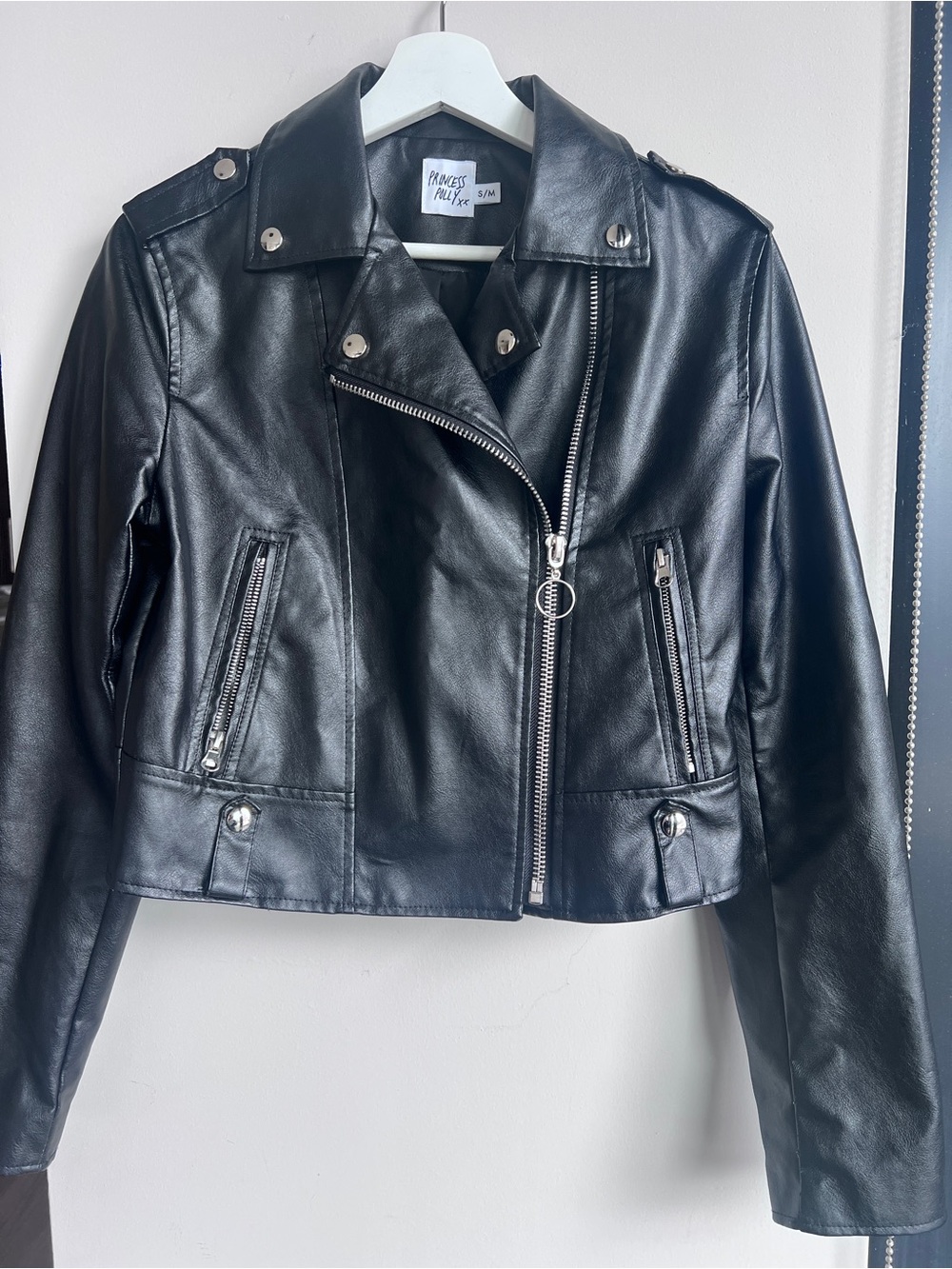 Princess Polly Black Faux Leather Biker Jacket with Silver Hardware